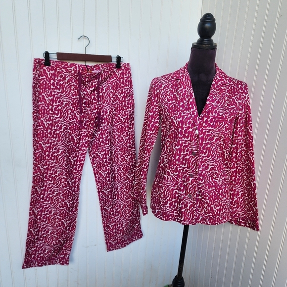 Tory Burch 2PC Womens Animal Print Button Pajama Set Cotton Pink Loungewear XS - Picture 1 of 14